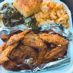 To The Last Drop 2.0 - Chicken wing dinner with collard greens and macaroni and cheese.
