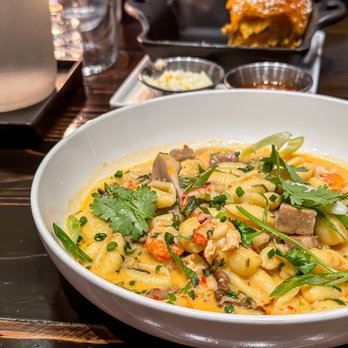 Maypop Restaurant - Crawfish and Andouille Tom Yum over Gnochetti Pasta - New American Near Me - New Orleans, Louisiana Maypop Restaurant - Crawfish and Andouille Tom Yum over Gnochetti Pasta - New American Near Me - New Orleans, Louisiana