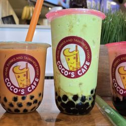 CoCo's Cafe - (L to R): Small Thai Tea w/pearls, Large Honeydew Smoothie w/pearls, Small Strawberry Banana Smoothie w/pearls