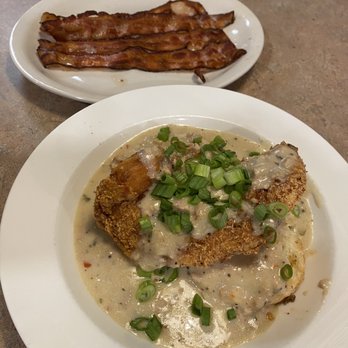 The Med - Biscuits and Gravy with Fried Chicken. Side of Bacon - Mediterranean Near Me - Asheville, North Carolina The Med - Biscuits and Gravy with Fried Chicken. Side of Bacon - Mediterranean Near Me - Asheville, North Carolina