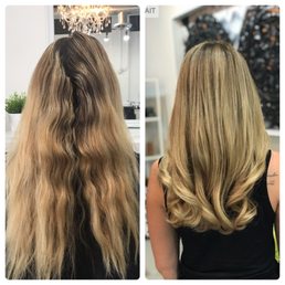 Second visit after 3 month. First visit. She fixed my hair. Half highlights, glaze and olaplex treatment