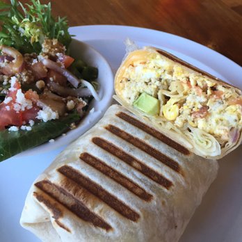 Cafe Urbano - Breakfast burrito. Scrambled eggs, chipotle salsa, avocado, cheese and tomatos with a side salad. - Cafes Near Me - Chicago, Illinois