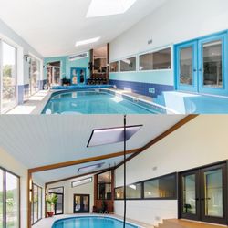 Jspec Roofing - Before & after. New skylights & trim, new ceiling, faux beams, engineered anchors for swings, new deck, pool surface, paint, top to bottom