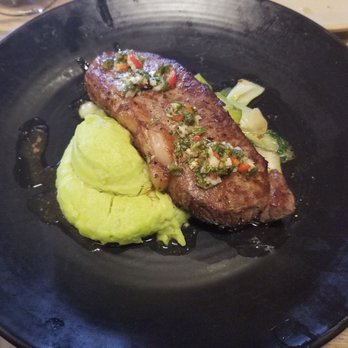 Monkeypod Kitchen - New York steak on jalapeno mashed potatoes and book choy. Jalapeno was only for flavor. Not at all spicy. - New American Near Me - Lahaina, Hawaii