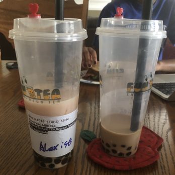 Fun Tea - Rose Pearl Milk Tea on the right and Okinawa Pearl Milk Tea on the left - Bubble Tea Near Me - Louisville, Kentucky