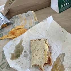 Subway - 6 inch flat bread sandwich: turkey, pepperoni & mayonnaise toasted. w bbq chips & sweet tea.
