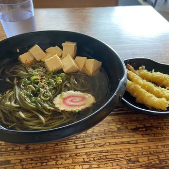 GU Ramen Taps & Tapas - Delicious vegan broth, kale noodles, tofu & decorative slice of fish ball, with tempura shrimp side. - Ramen Near Me - Laguna Beach, California GU Ramen Taps & Tapas - Delicious vegan broth, kale noodles, tofu & decorative slice of fish ball, with tempura shrimp side. - Ramen Near Me - Laguna Beach, California