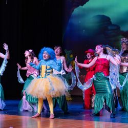 Flounder, Mersisters, and Sebastian perform on stage in The Little Mermaid, Charlotte Academy of the Arts
