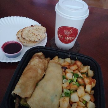 Egg Harbor Café - Cassie's crepes, potatoes, English muffin with preserves and hot tea - Breakfast & Brunch Near Me - Elmhurst, Illinois Egg Harbor Café - Cassie's crepes, potatoes, English muffin with preserves and hot tea - Breakfast & Brunch Near Me - Elmhurst, Illinois