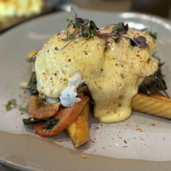 Anchor & Hearth Woodfired Kitchen - Crab cake eggs Benedict. Every bite exceptional - New American Near Me - Baytown, Texas