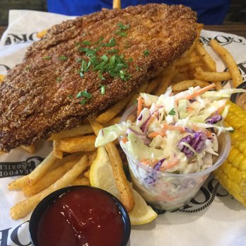 On The Hook - Catfish filet (HUGE) with corn, coleslaw and Cajun fries - Cajun/Creole Near Me - Brea, California On The Hook - Catfish filet (HUGE) with corn, coleslaw and Cajun fries - Cajun/Creole Near Me - Brea, California