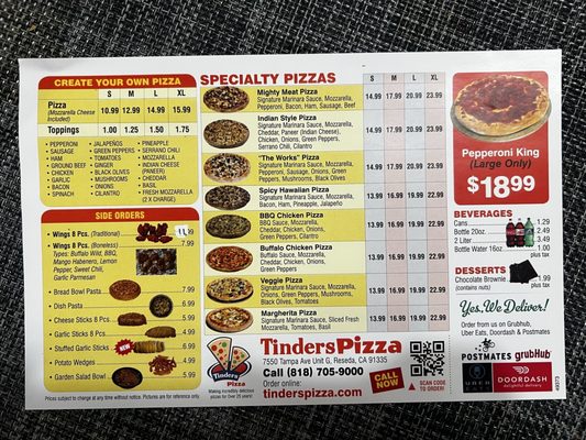 Menu photo 1 Tinder's Pizza Reseda, CA