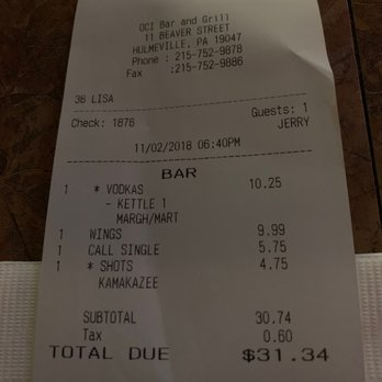 OCI Bar & Grill - Bar bill. - American Near Me - Hulmeville, Pennsylvania OCI Bar & Grill - Bar bill. - American Near Me - Hulmeville, Pennsylvania