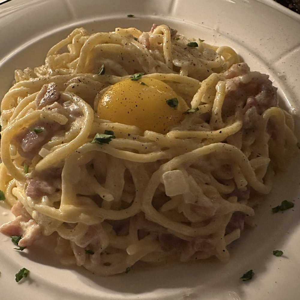 Saly G's Restaurant And Tavern - SPAGHETTI CARBONARA - spaghetti alla chitarra, pancetta, sweet onions, parmigiano-reggiano 24 months, organic egg yolk - Italian Near Me - Warren, New Jersey Saly G's Restaurant And Tavern - SPAGHETTI CARBONARA - spaghetti alla chitarra, pancetta, sweet onions, parmigiano-reggiano 24 months, organic egg yolk - Italian Near Me - Warren, New Jersey