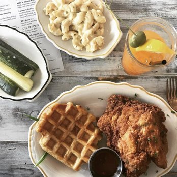 Haberdish - Chicken and waffles, mac and cheese, pickles, and a Bloody Mary. No better way to brunch! - Southern Near Me - Charlotte, North Carolina Haberdish - Chicken and waffles, mac and cheese, pickles, and a Bloody Mary. No better way to brunch! - Southern Near Me - Charlotte, North Carolina