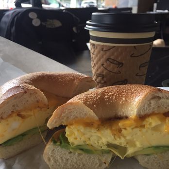 The Posh Bagel - Eggwich with avocado (+$1.50) on a plain bagel with house coffee - Bagels Near Me - Davis, California