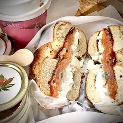 Goldbergs Bagels & Deli - Everything bagel toasted well w/cream cheese and lox, slice onion and capers! Bagel with Sliced Nova and Cream Cheese