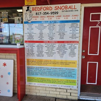 Bedford Snoball - Menu - Ice Cream & Frozen Yogurt Near Me - Bedford, Texas Bedford Snoball - Menu - Ice Cream & Frozen Yogurt Near Me - Bedford, Texas