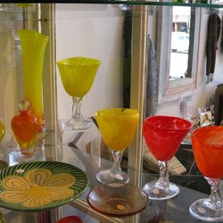Margo's Pottery and Fine Crafts - Here are some goblets from Wauhatchie glass, as well as a perfume bottle by Wyoming glass blower, Laurie Thal.