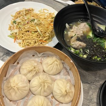 Long's Noodles - Chicken Fried Noodle (already some eaten), Wonton Soup, Pork Xiao Long Bao. - Noodles Near Me - San Clemente, California