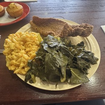 M & M Soul Food - Fried Catfish with Mac n cheese and greens - Soul Food Near Me - Carson, California