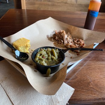 Mission BBQ - Pulled pork with a side of green beans. - Barbeque Near Me - Hampton, Virginia