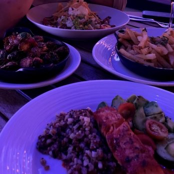 Pinstripes - Maple Glazed Salmon Truffle Fries Brussels Sprouts - Bowling Near Me - Overland Park, Kansas Pinstripes - Maple Glazed Salmon Truffle Fries Brussels Sprouts - Bowling Near Me - Overland Park, Kansas