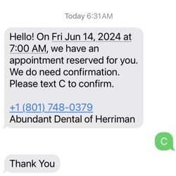Abundant Dental Care of Herriman - Appointment confirmation