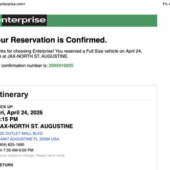 Enterprise Rent-A-Car - Reservation confirming with pick up window. This was the first reservation that Walsh "canceled" without notifying me. - Car Rental Near Me - Saint Augustine, Florida