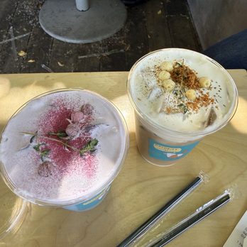 Daydrift - Left - blue Pandan milk  Right - daydrift cream coffee which - Coffee & Tea Near Me - Costa Mesa, California