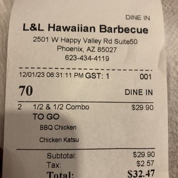 L&L Hawaiian Barbecue - The bill - Barbeque Near Me - Phoenix, Arizona L&L Hawaiian Barbecue - The bill - Barbeque Near Me - Phoenix, Arizona