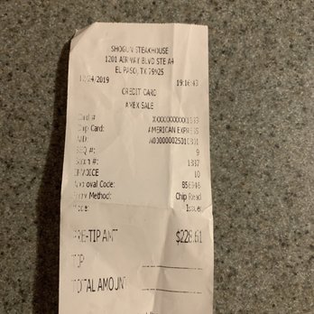 Shogun Steak House - Receipt - Japanese Near Me - El Paso, Texas