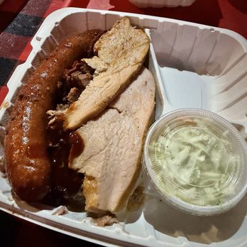 Sweet Lou's BBQ - 4 meat combo with coleslaw (brisket, pulled pork, kielbasa sausage, turkey) - Barbeque Near Me - Huntington Beach, California Sweet Lou's BBQ - 4 meat combo with coleslaw (brisket, pulled pork, kielbasa sausage, turkey) - Barbeque Near Me - Huntington Beach, California