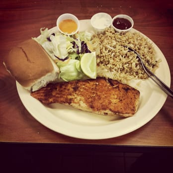 Mannie's Seafood - Grilled salmon for lunch portion. loved everthing on that plate...good size & well sauteed salmon, tasty rice, very good sauces - Seafood Near Me - Houston, Texas Mannie's Seafood - Grilled salmon for lunch portion. loved everthing on that plate...good size & well sauteed salmon, tasty rice, very good sauces - Seafood Near Me - Houston, Texas