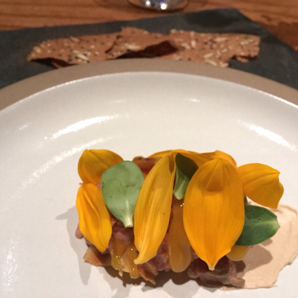 Lazy Bear - Lamb Tartare (Sunflower and its Seeds, Pear, Sumac) - New American Near Me - San Francisco, California Lazy Bear - Lamb Tartare (Sunflower and its Seeds, Pear, Sumac) - New American Near Me - San Francisco, California