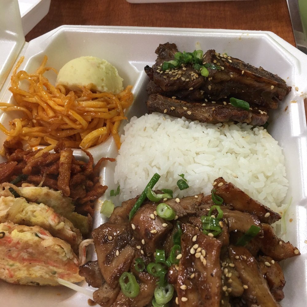Spoon Bunsik - Combination plate.  Kalbi (very tender) & BBQ chicken.  Protein was and sides were good and well seasoned! - Korean Near Me - Ewa Beach, Hawaii