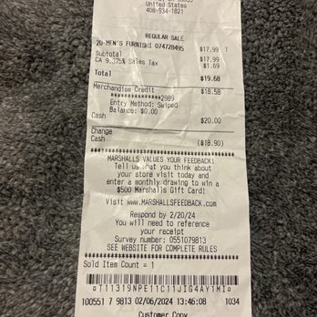 Marshalls - Receipt of Purchase - Department Stores Near Me - Milpitas, California Marshalls - Receipt of Purchase - Department Stores Near Me - Milpitas, California