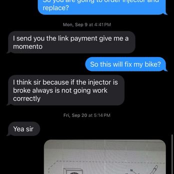 Dirty Rancho Motorcycles - Our text of him losing my part. - Motorcycle Repair Near Me - Houston, Texas