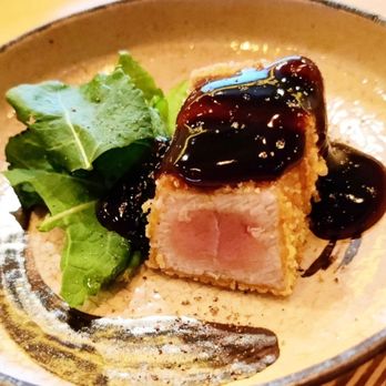 Kenzo Napa - Cherrywood Smoked Mie Bluefin Tuna Okakiage (kale, black pepper and tamari soy sauce-an); enso calligraphy with the sauce is a nice touch. - Sushi Bars Near Me - Napa, California Kenzo Napa - Cherrywood Smoked Mie Bluefin Tuna Okakiage (kale, black pepper and tamari soy sauce-an); enso calligraphy with the sauce is a nice touch. - Sushi Bars Near Me - Napa, California