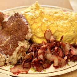 Char siu fried rice omelette with side corned beef hash