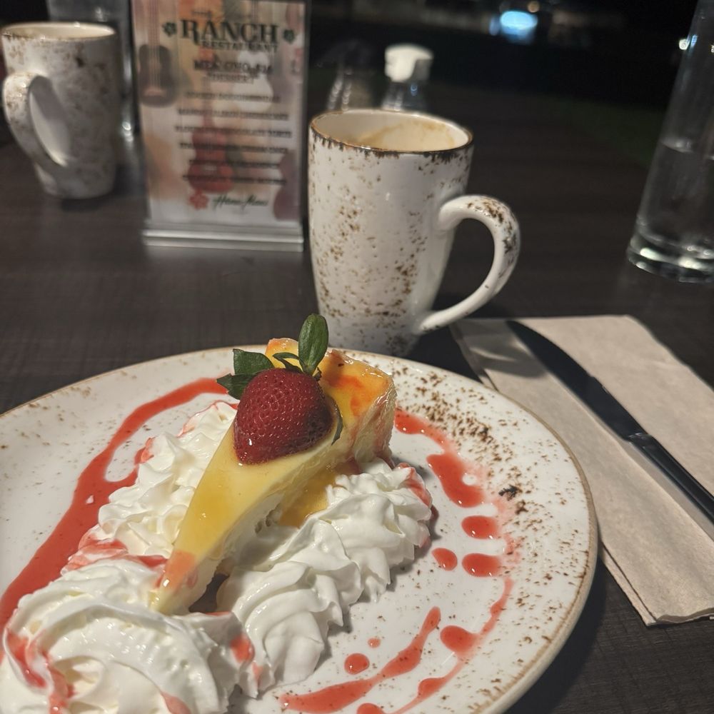 Last night in Hāna, April 2026, Mango cheesecake & cup of coconut/macadamia coffee Last night in Hāna, April 2026, Mango cheesecake & cup of coconut/macadamia coffee