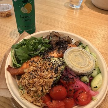 sweetgreen - Healthy Salads, Wraps, and Bowls - Miso Glazed Salmon, I added steak and extra crispy onions!!! AWESOME!!!! - Salad Near Me - Atlanta, Georgia
