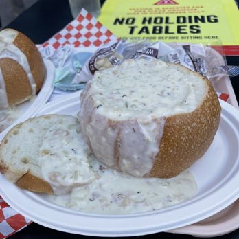 Pike Place Chowder - Pacific Place - New England Clam Chowder in sourdough bread bowl. - Seafood Near Me - Seattle, Washington Pike Place Chowder - Pacific Place - New England Clam Chowder in sourdough bread bowl. - Seafood Near Me - Seattle, Washington