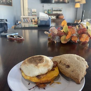 Big Ben Coffee - Breakfast Sandwich (bacon) and the white chocolate raspberry scone - Coffee & Tea Near Me - Kokomo, Indiana Big Ben Coffee - Breakfast Sandwich (bacon) and the white chocolate raspberry scone - Coffee & Tea Near Me - Kokomo, Indiana