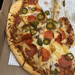 Late night pizza garlic onions jalapeño pineapple and pepperoni
