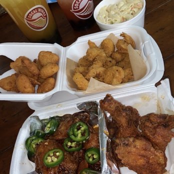 SoCal Wings - Mango green tea, strawberry black tea, macaroni salad, corn fritters, battered shrimps, 5 spicy lemon pepper wings, and 5 original wings. - Chicken Wings Near Me - Westminster, California SoCal Wings - Mango green tea, strawberry black tea, macaroni salad, corn fritters, battered shrimps, 5 spicy lemon pepper wings, and 5 original wings. - Chicken Wings Near Me - Westminster, California