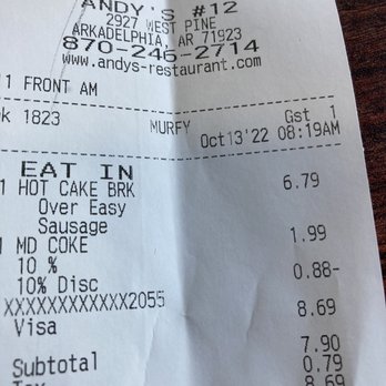 Andy's Restaurants - a receipt for a restaurant - Barbeque Near Me - Arkadelphia, Arkansas Andy's Restaurants - a receipt for a restaurant - Barbeque Near Me - Arkadelphia, Arkansas