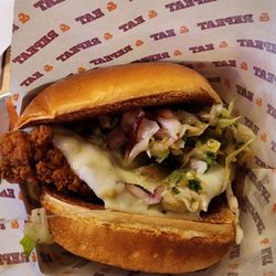 Big Chicken - Shaq Attack.  Fried chicken breast filet, pepper jack cheese and chipotle BBQ sauce, topped with spicy jalapeño slawr.