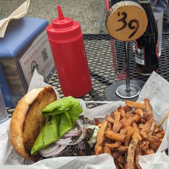Worthy Burger - The Big Daddy M burger with fries, plus the table #. - Burgers Near Me - South Royalton, Vermont Worthy Burger - The Big Daddy M burger with fries, plus the table #. - Burgers Near Me - South Royalton, Vermont
