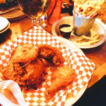 The Eagle Louisville - The half chicken, with fries, and a Miller High Life globe - Southern Near Me - Louisville, Kentucky